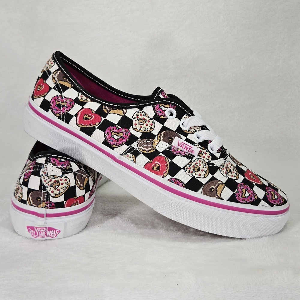 Vans Shoes Kids 3 Black White Pink Donut Heart Checkerboard Low Top Skater